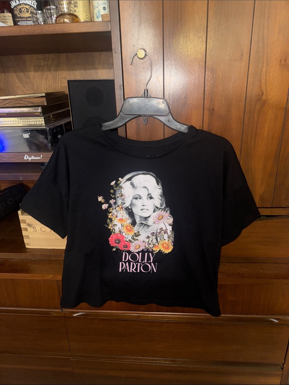 Dolly Parton Black Graphic Crop Top with Floral Portrait